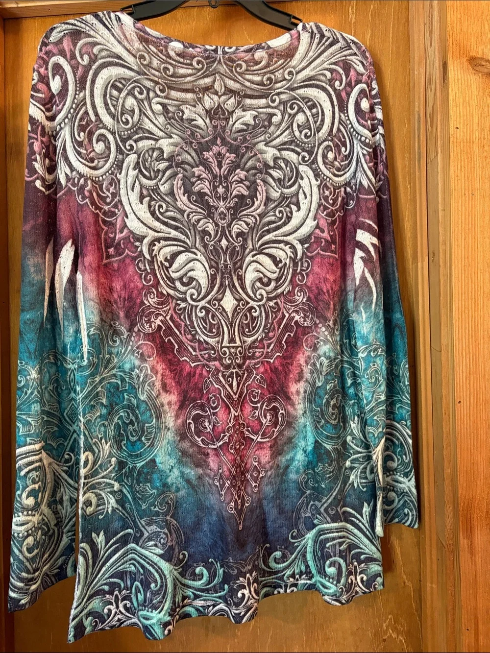 Women's Long Sleeve Embellished Print Top - Teal & Wine - Picture 5 of 5